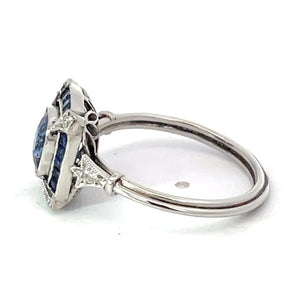 Side view of 1.32ct Cushion Cut Natural Sapphire Engagement Ring, Sapphire Halo, Platinum