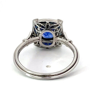 Back view of 1.32ct Cushion Cut Natural Sapphire Engagement Ring, Sapphire Halo, Platinum