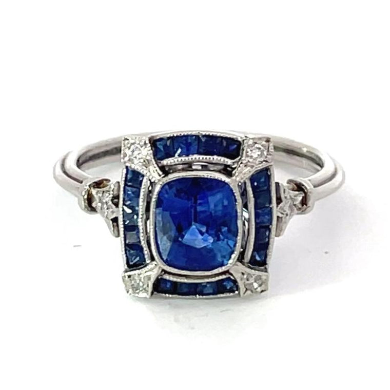 Front view of 1.32ct Cushion Cut Natural Sapphire Engagement Ring, Sapphire Halo, Platinum