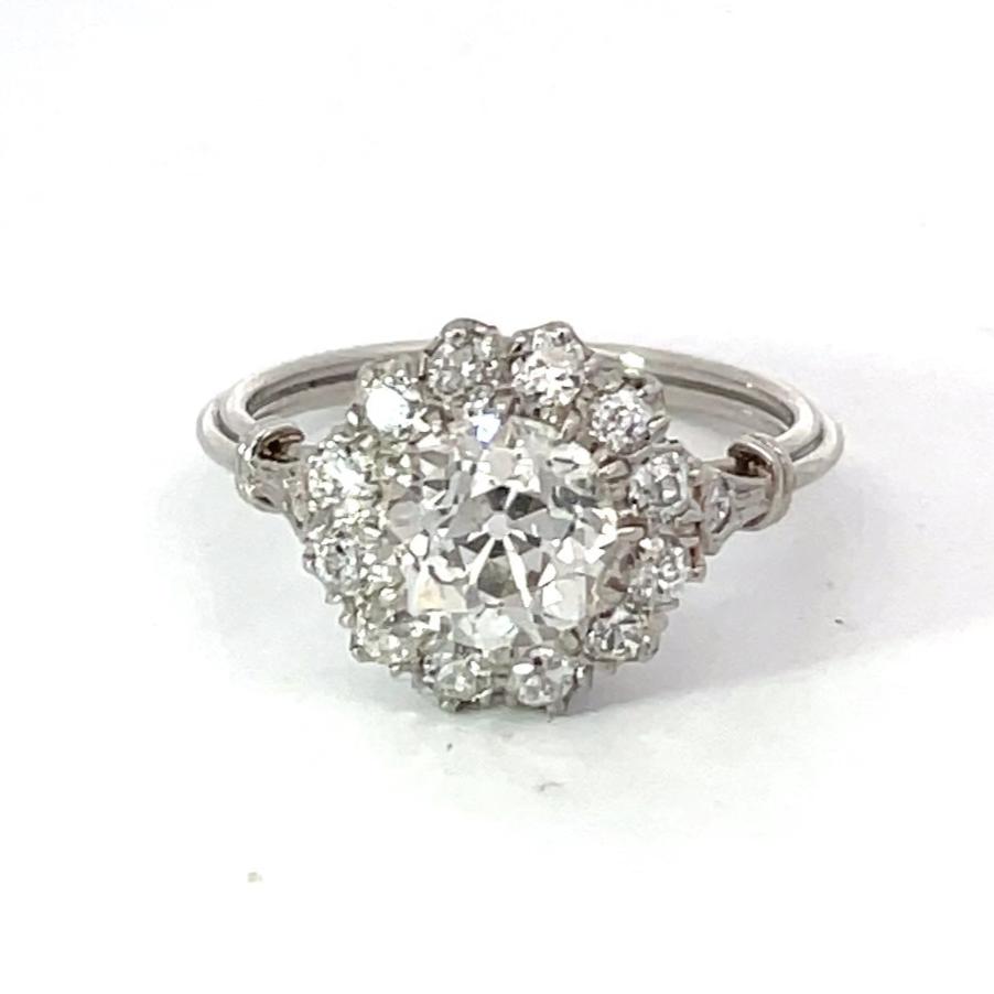 Front view of GIA 1.50ct Old European Cut Diamond Cluster Ring, Platinum
