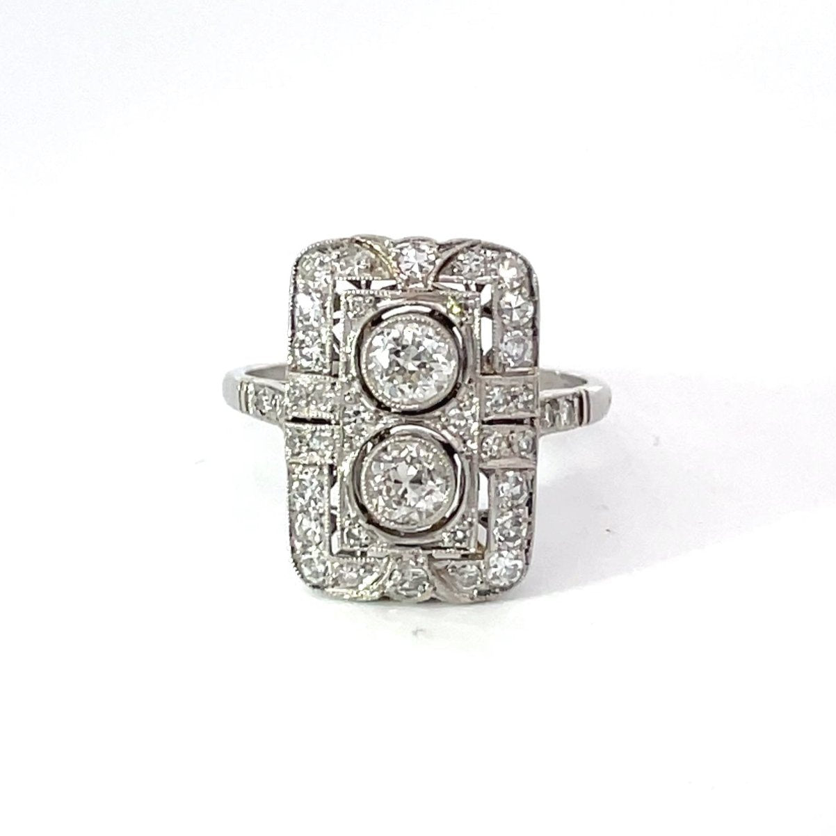 Front view of 0.40ct Old European Cut Diamond Engagement Ring, I Color, Diamond Halo, Platinum