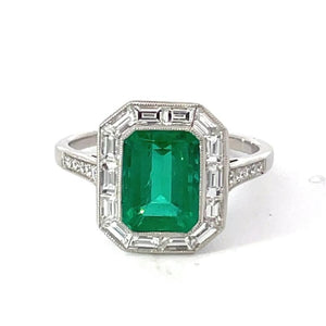 Front view of 2.25ct Emerald Cut Zambian Emerald Engagement Ring, Diamond Halo, Platinum