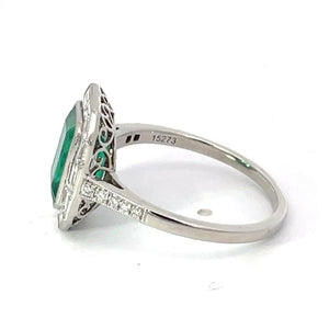 Side 2.25ct Emerald Cut Zambian Emerald Engagement Ring, Diamond Halo, Platinum