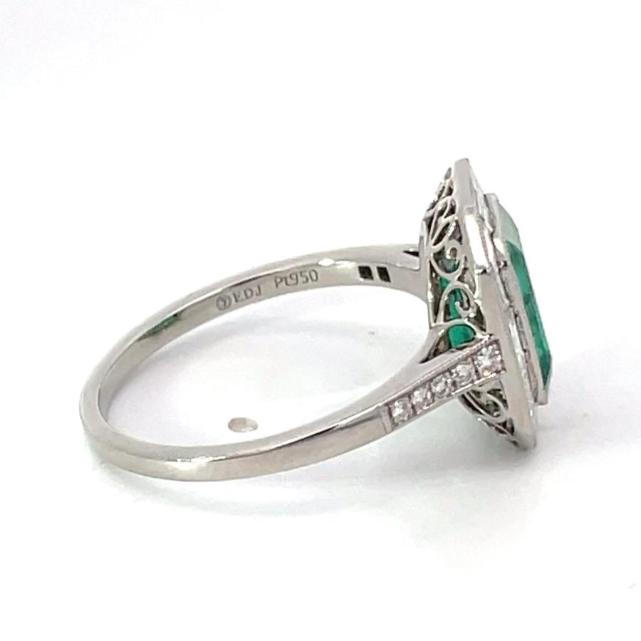 Side 2.25ct Emerald Cut Zambian Emerald Engagement Ring, Diamond Halo, Platinum