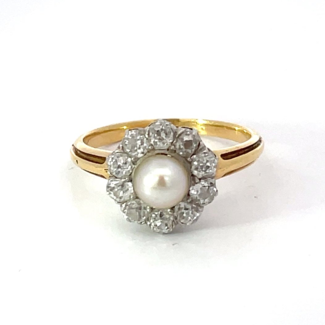 Front view of Antique Natural Pearl Engagement Ring, Diamond Halo, Platinum & 18k Yellow Gold