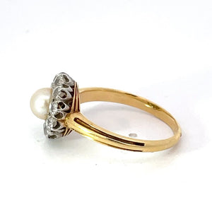 Side view of Antique Natural Pearl Engagement Ring, Diamond Halo, Platinum & 18k Yellow Gold