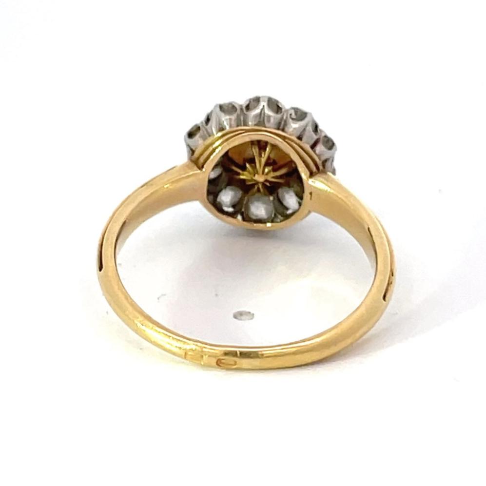 Back view of Antique Natural Pearl Engagement Ring, Diamond Halo, Platinum & 18k Yellow Gold