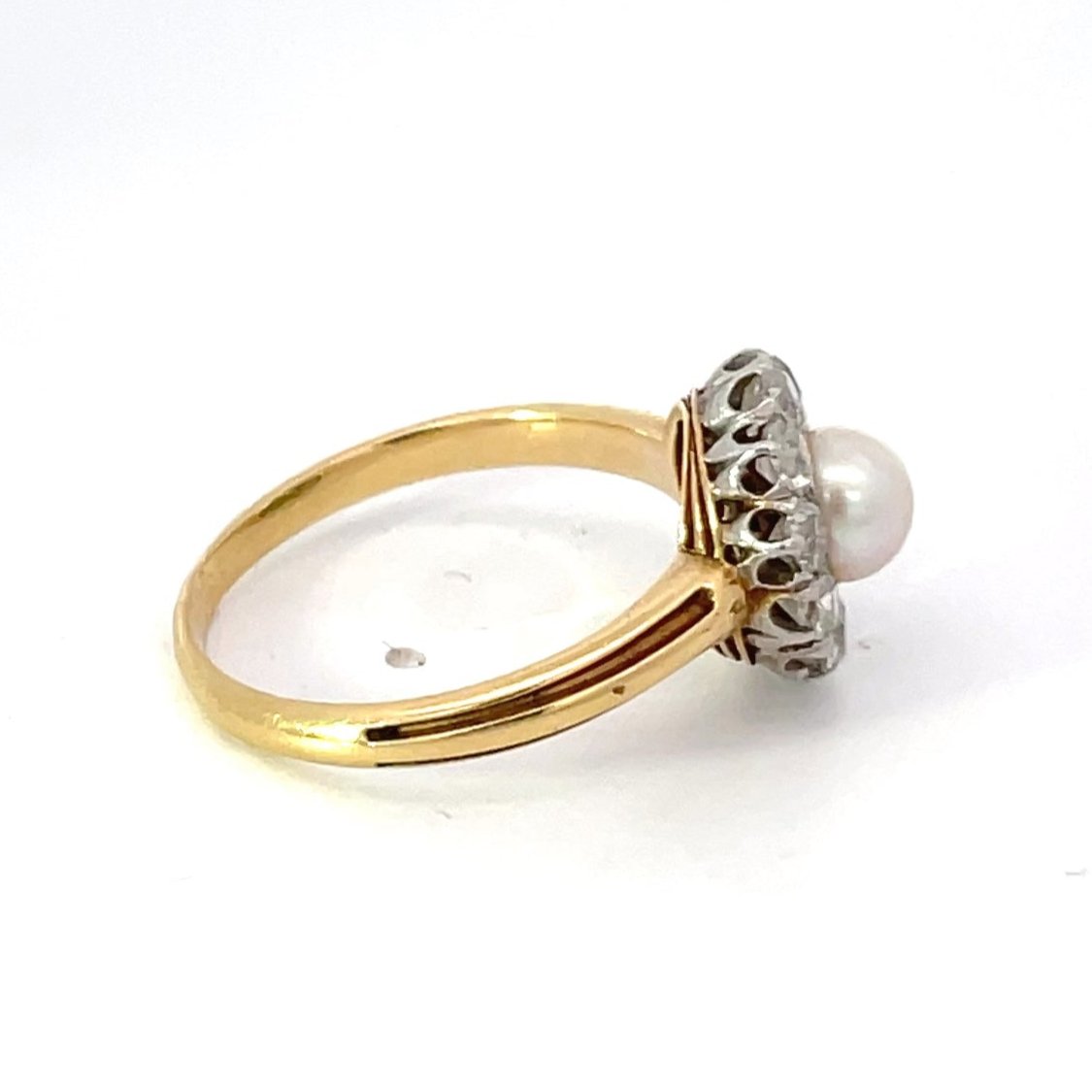 Side view of Antique Natural Pearl Engagement Ring, Diamond Halo, Platinum & 18k Yellow Gold