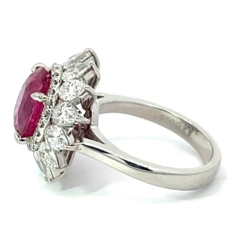 Side view of GIA 4.47ct Oval Cut Natural Pink Sapphire Cluster Ring, Double Halo, Platinum