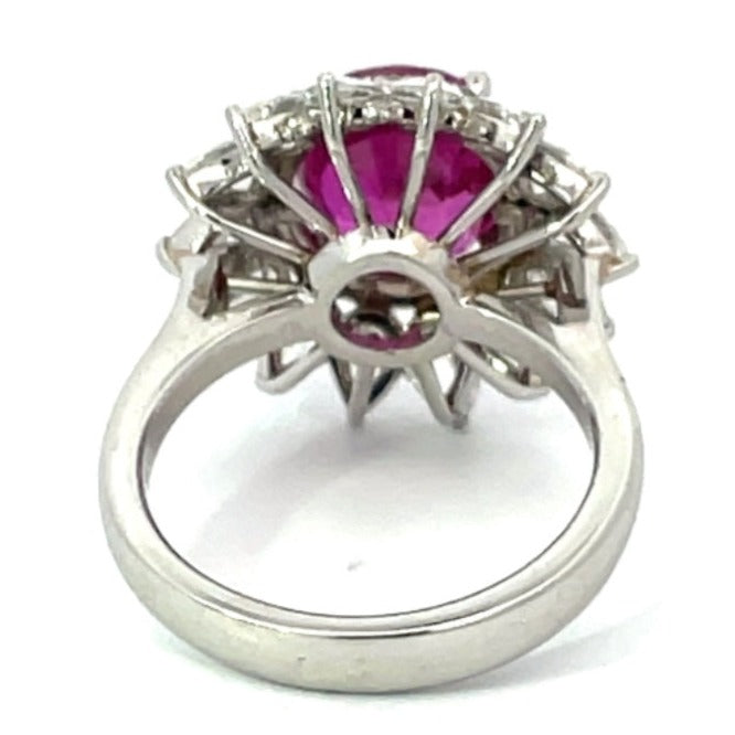 Back view of GIA 4.47ct Oval Cut Natural Pink Sapphire Cluster Ring, Double Halo, Platinum