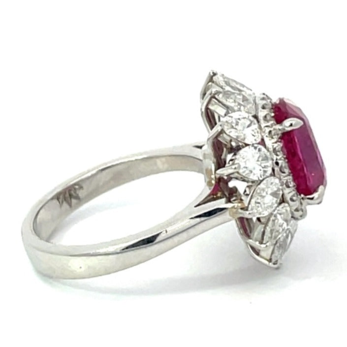 Side view of GIA 4.47ct Oval Cut Natural Pink Sapphire Cluster Ring, Double Halo, Platinum