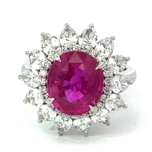 Front view of GIA 4.47ct Oval Cut Natural Pink Sapphire Cluster Ring, Double Halo, Platinum