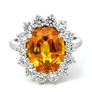 Front view of AGL 5.46ct Oval Cut Yellow Sapphire Cluster Ring, Diamond Halo, 18k White Gold