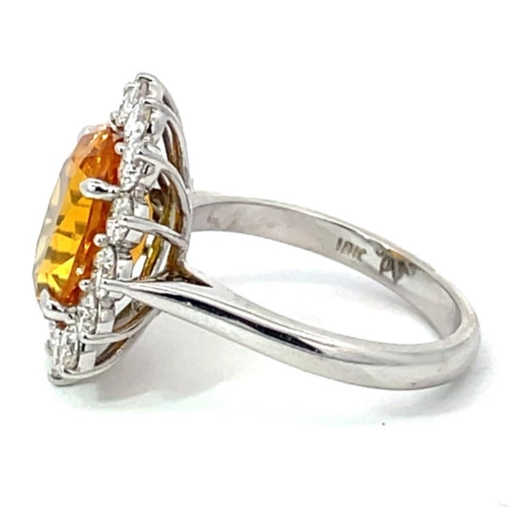 Side view of AGL 5.46ct Oval Cut Yellow Sapphire Cluster Ring, Diamond Halo, 18k White Gold