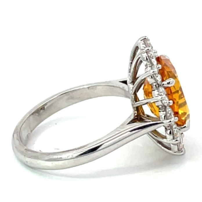 Side view of AGL 5.46ct Oval Cut Yellow Sapphire Cluster Ring, Diamond Halo, 18k White Gold