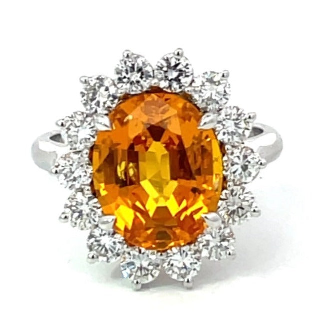 Front view of AGL 5.46ct Oval Cut Yellow Sapphire Cluster Ring, Diamond Halo, 18k White Gold