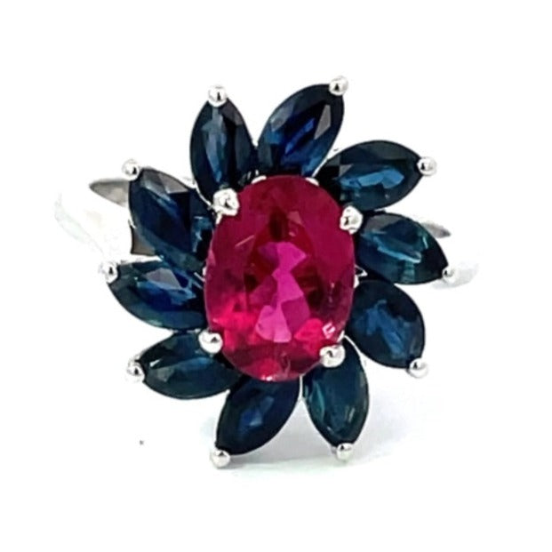 Front view of 1.51ct Oval Cut Rubellite Cocktail Ring, 18k White Gold