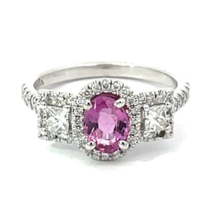 Front view of 1.01ct Oval Cut Pink Sapphire Engagement Ring, Diamond Halo, 18k White Gold