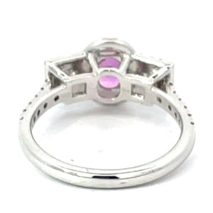 Back view of 1.01ct Oval Cut Pink Sapphire Engagement Ring, Diamond Halo, 18k White Gold