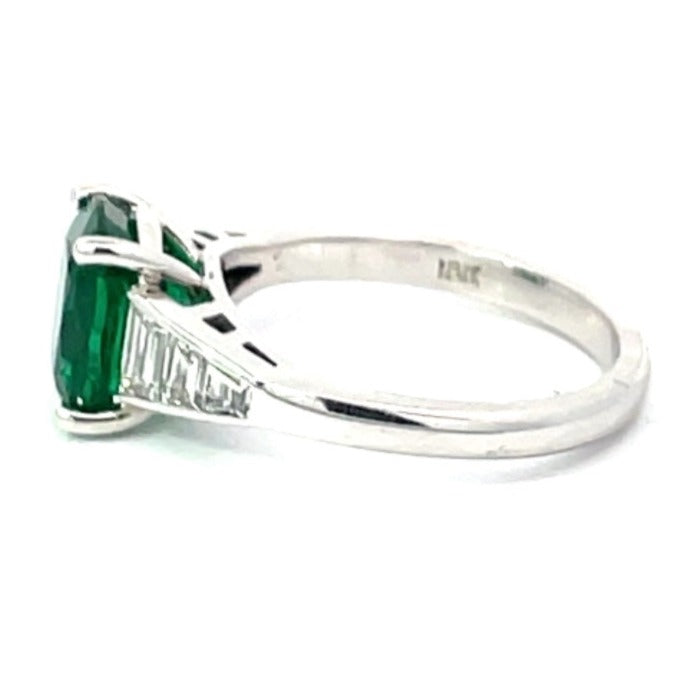 Side view of GIA 2.48ct Cushion Cut Natural Emerald Engagement Ring, 18k White Gold
