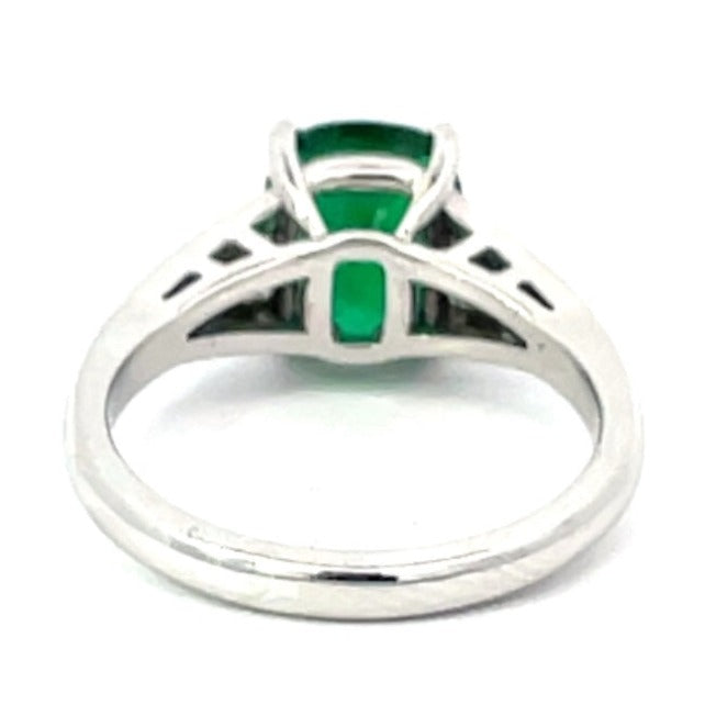 Back view of GIA 2.48ct Cushion Cut Natural Emerald Engagement Ring, 18k White Gold