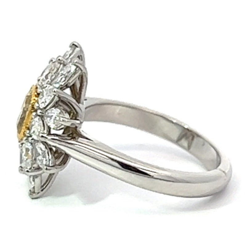 Side view of GIA 0.70ct Fancy Diamond Cocktail Ring, Diamond Halo, Platinum & 18k Yellow Gold