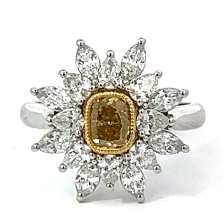 Front view of GIA 0.70ct Fancy Diamond Cocktail Ring, Diamond Halo, Platinum & 18k Yellow Gold