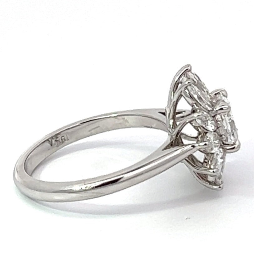 Side view of 0.91ct Cushion Cut Diamond Engagement Ring, D Color, Diamond Halo, 18k White Gold