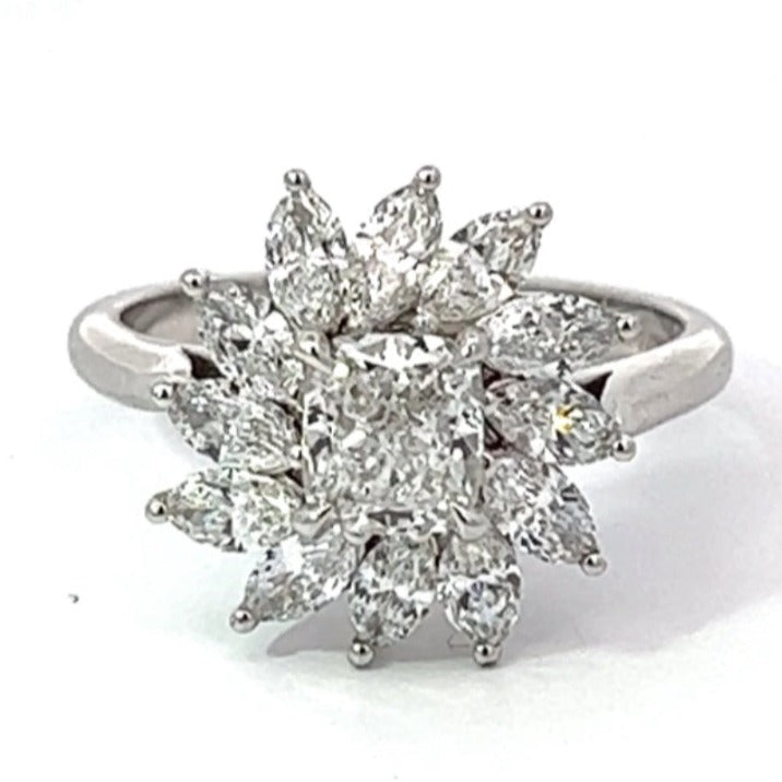 Front view of 0.91ct Cushion Cut Diamond Engagement Ring, D Color, Diamond Halo, 18k White Gold