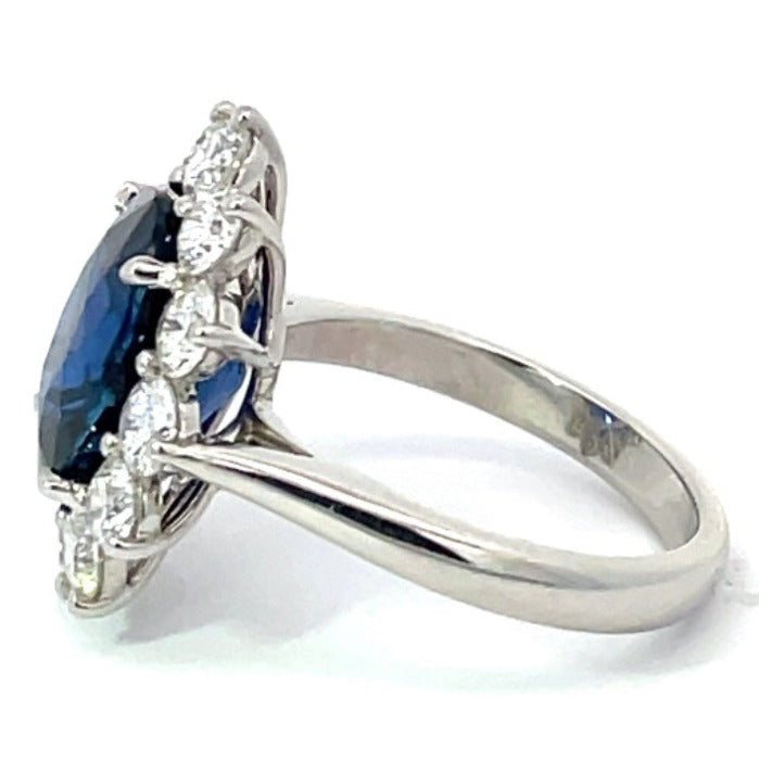 Side view of GIA 5.99ct Oval Cut Natural Sapphire Cluster Ring, Diamond Halo, Platinum