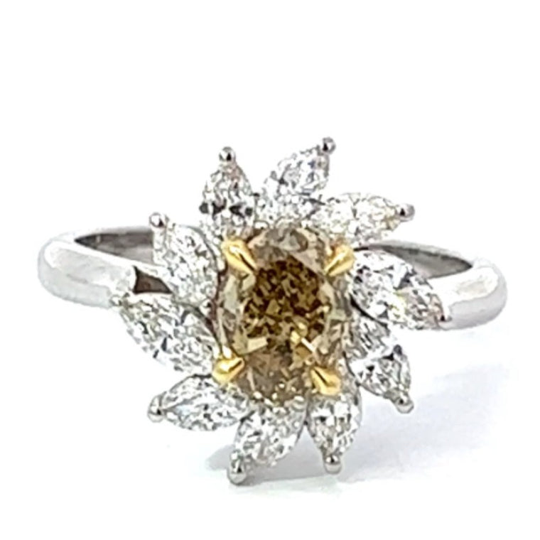 Front view of 1.39ct Oval Cut Fancy Diamond Cluster Ring, Diamond Halo, 18k White Gold