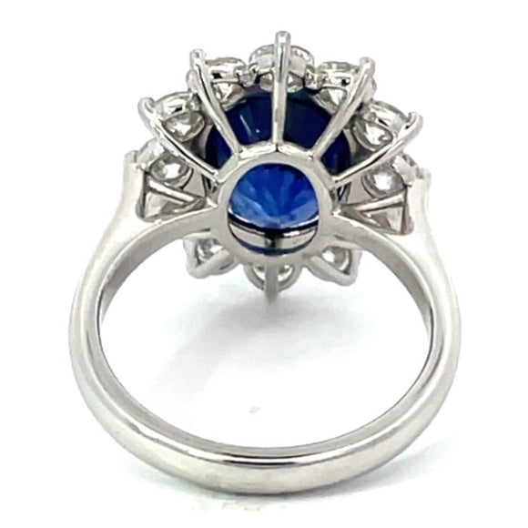 Front view of GIA 5.99ct Oval Cut Natural Sapphire Cluster Ring, Diamond Halo, Platinum