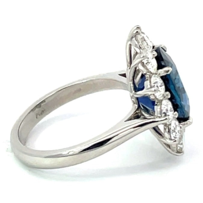 Side  view of GIA 5.99ct Oval Cut Natural Sapphire Cluster Ring, Diamond Halo, Platinum