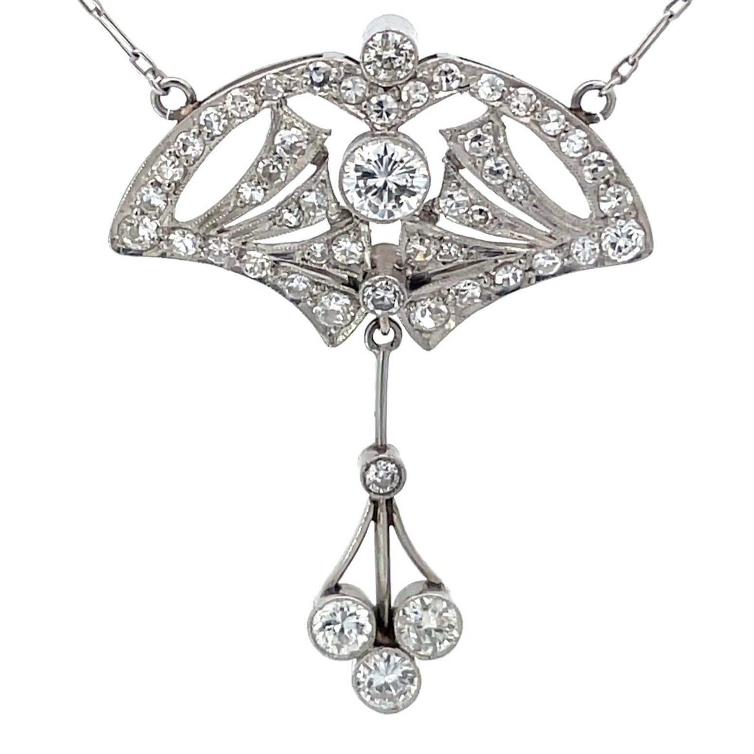 Front view of Vintage Single Cut & Transitional Cut Diamond Pendant Necklace, H Color, Platinum