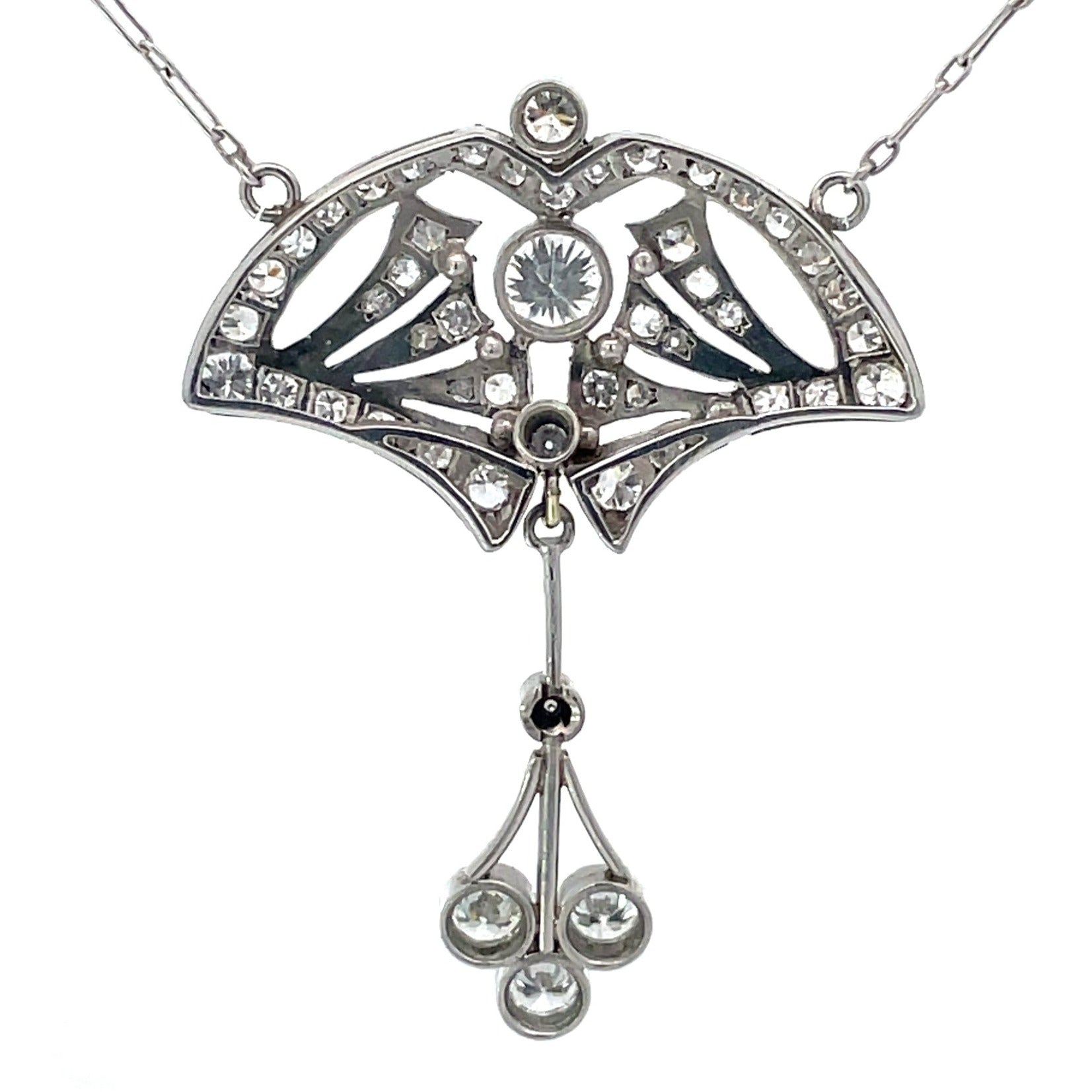 Back view of Vintage Single Cut & Transitional Cut Diamond Pendant Necklace, H Color, Platinum