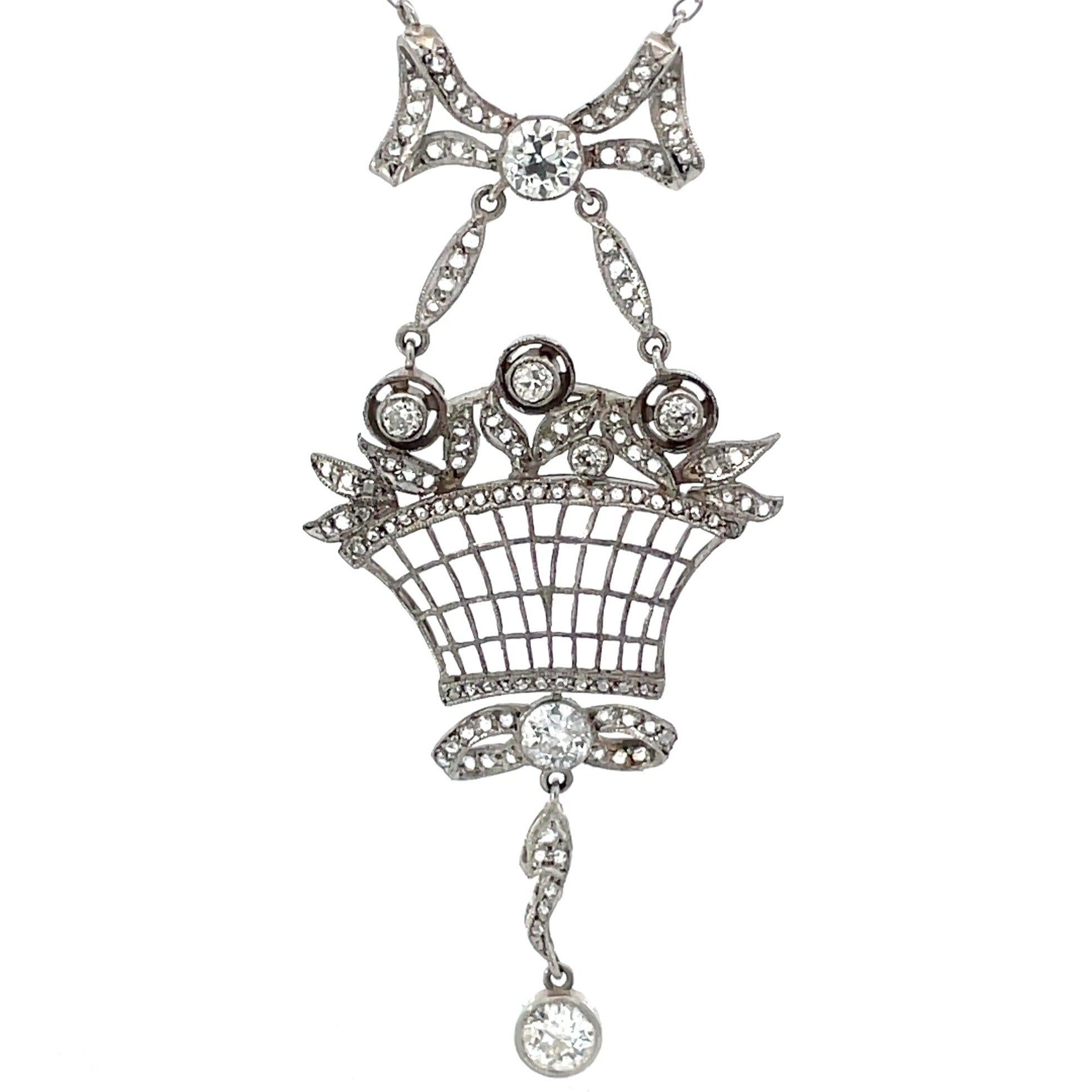 Front view of Antique 1.33ct Old European Cut Diamond Pendant Necklace, Platinum