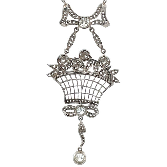 Front view of Antique 1.33ct Old European Cut Diamond Pendant Necklace, Platinum