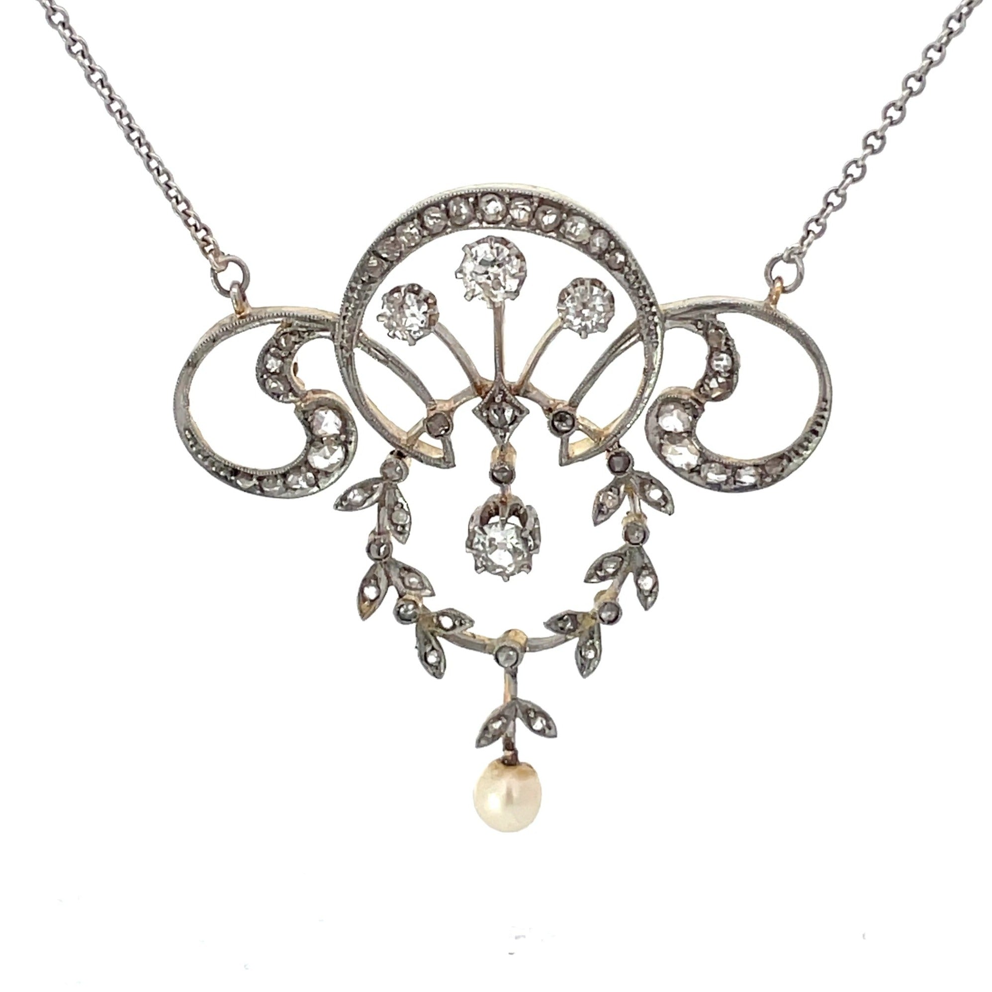 Front view of Antique Rose Cut & Old European Cut Diamond Pendant Necklace, Platinum & Gold