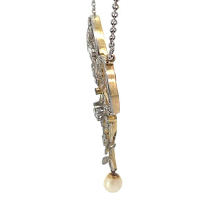 Side view of Antique Rose Cut & Old European Cut Diamond Pendant Necklace, Platinum & Gold