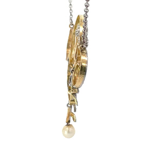 Side view of Antique Rose Cut & Old European Cut Diamond Pendant Necklace, Platinum & Gold