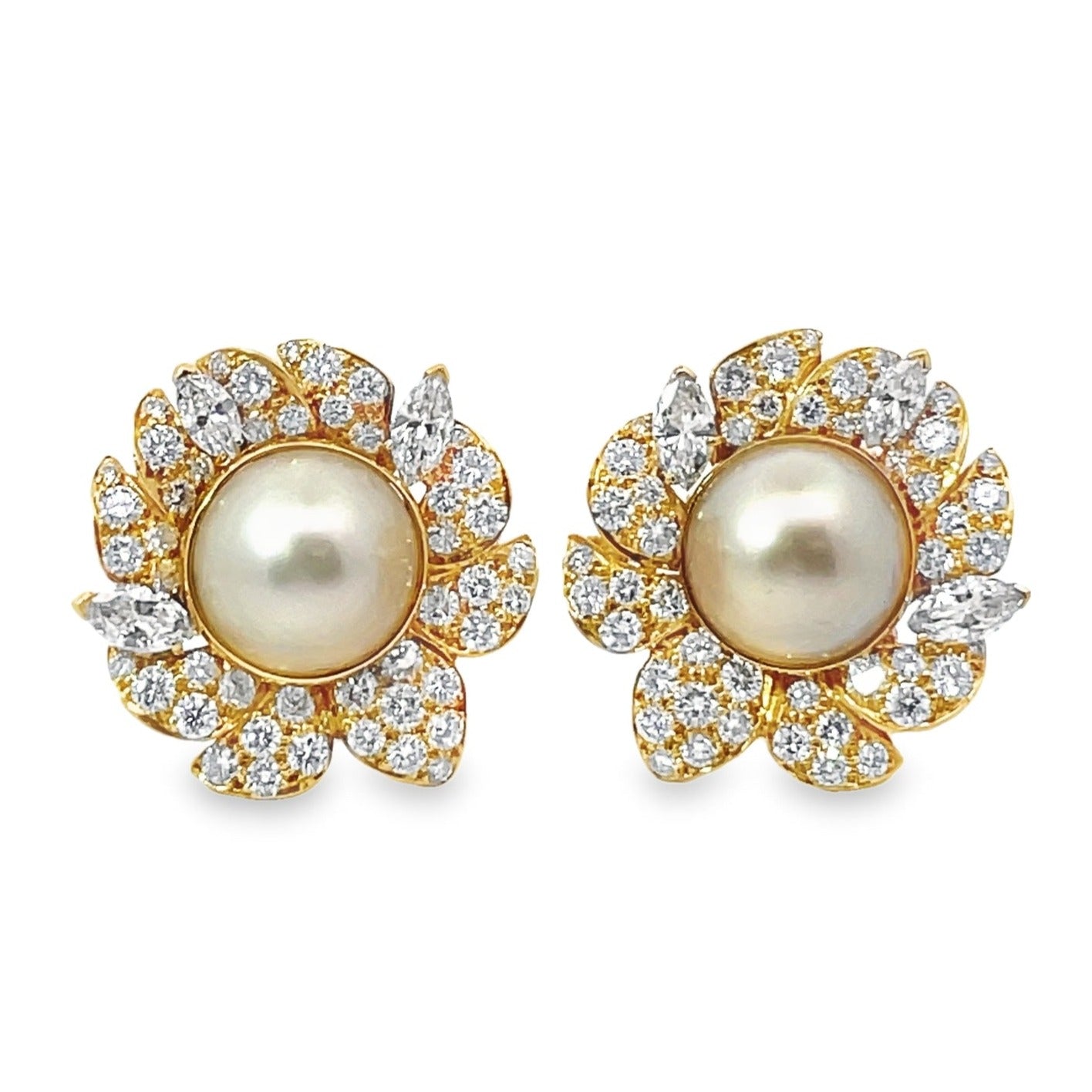 Front view of Vintage VCA Natural Saltwater Button Pearls Stud Earrings, 18k Yellow Gold