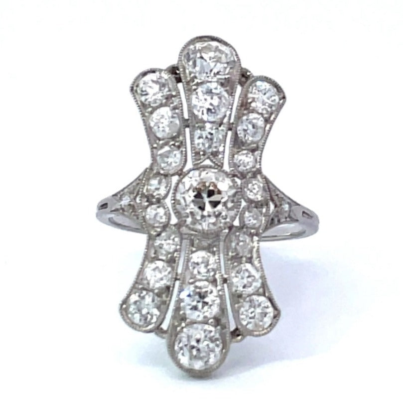 Front view of Antique 0.55ct Old European Cut Diamond Cocktail Ring, I Color, Platinum