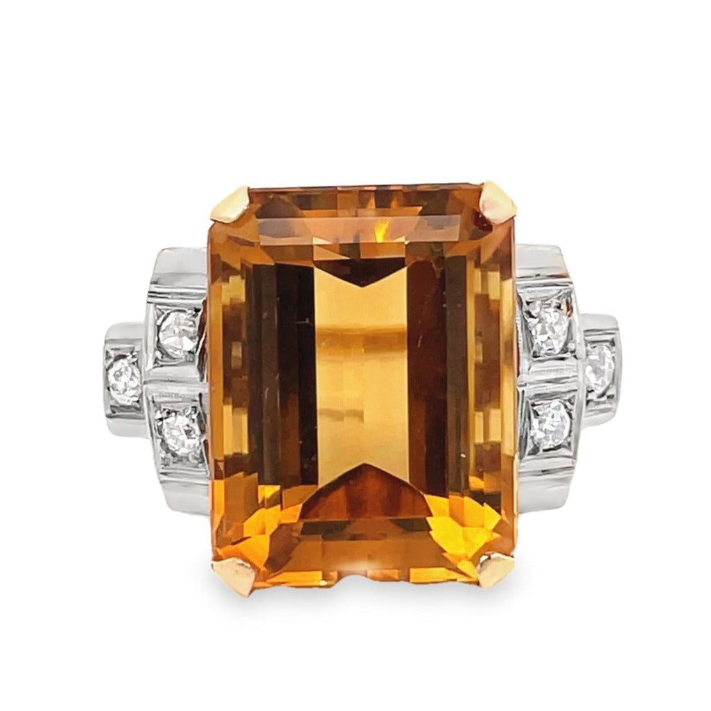 Front view of Vintage 12.40ct Emerald Cut Natural Citrine Cocktail Ring, 18k Yellow Gold