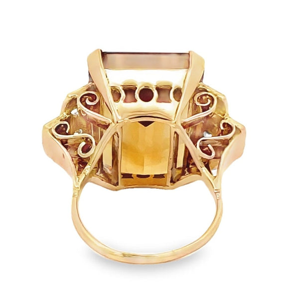 Front view of Vintage 12.40ct Emerald Cut Natural Citrine Cocktail Ring, 18k Yellow Gold