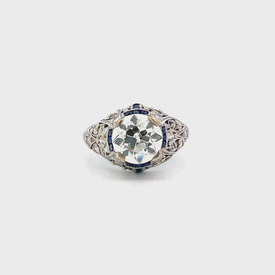 Antique 2.24ct Old European Cut Diamond Engagement Ring, Sapphire Halo, Platinum