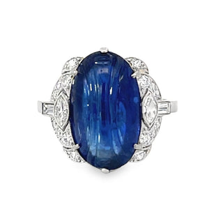 Front view of Antique 8.64ct Cabochon Cut Natural Burmese Sapphire Cocktail Ring, Platinum