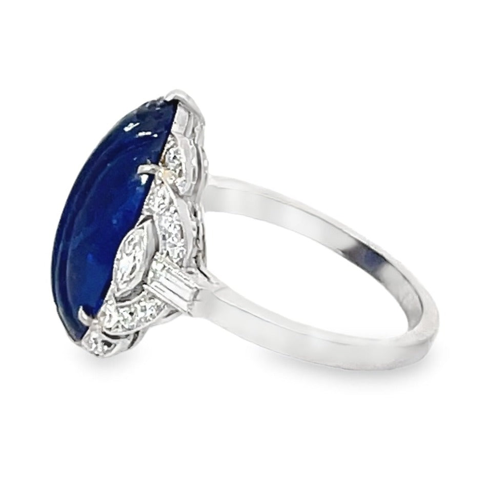 Side view of Antique 8.64ct Cabochon Cut Natural Burmese Sapphire Cocktail Ring, Platinum