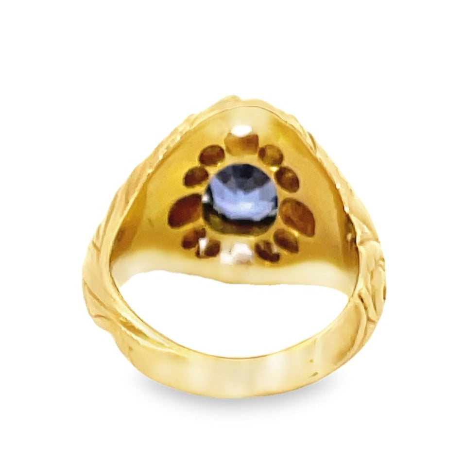 Back view of Antique 3.00ct Natural Blue Sapphire Cocktail Ring, Diamond Halo, Yellow Gold