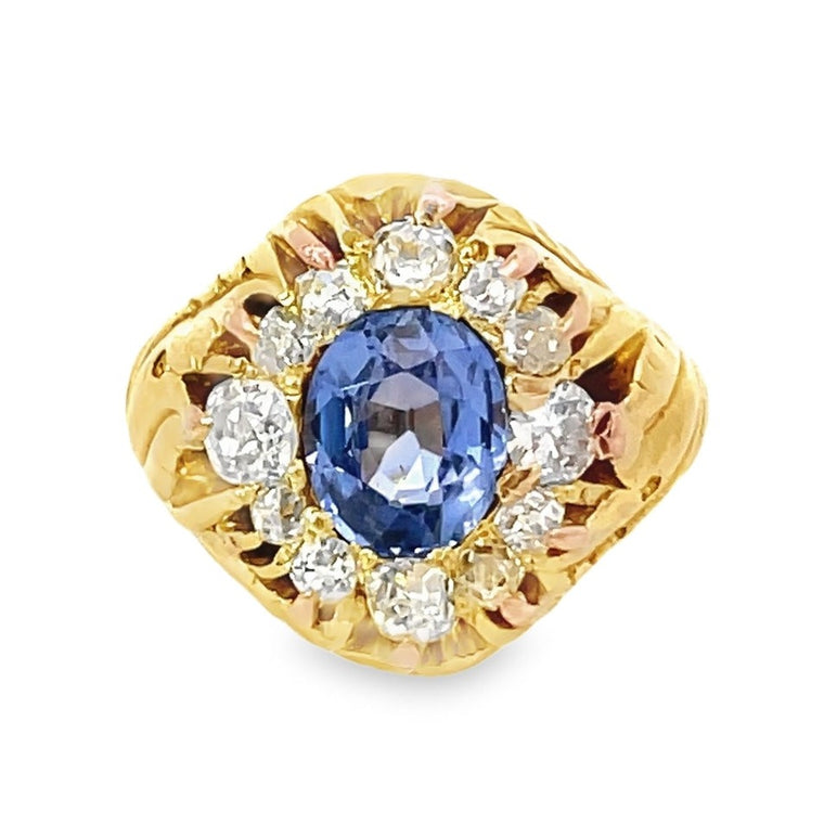 Front view of Antique 3.00ct Natural Blue Sapphire Cocktail Ring, Diamond Halo, Yellow Gold